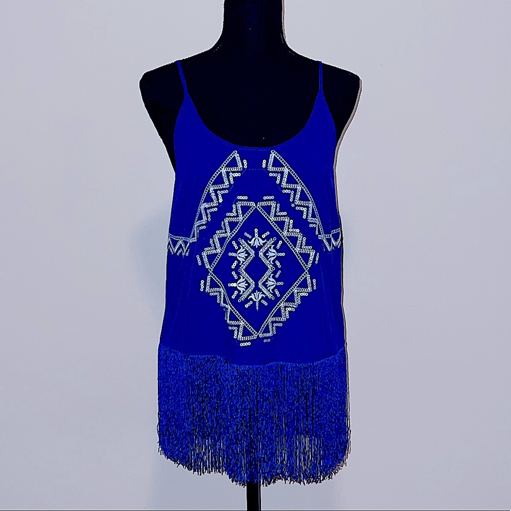 Royal Blue Aztec Fringe Tank Top